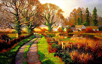 Village, autumn, art, painting HD wallpaper