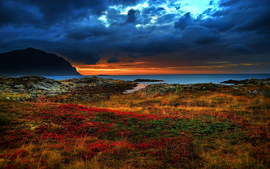 Nature, Sunset, Mountains, Shore, Bank, Multicolored, Vegetation, Color, Colors, Evening, Colorful, Brightly, Variety, Diversity, Contrast HD wallpaper