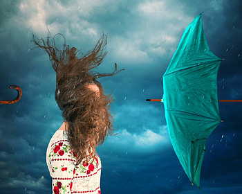 Windy day, wind, umbrella, hair, woman HD wallpaper