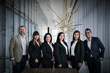 Diverse business team in formal attire posed in modern office. HD wallpaper