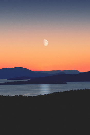 Nature, Sunset, Sky, Mountains, Sea, Moon, Shore, Bank HD phone wallpaper