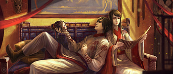 Lovers, yellow, xiaofan zhang, asian, fantasy, man, couple, girl HD wallpaper