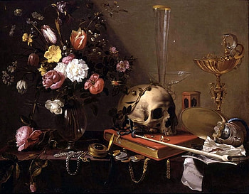Still Life with Bouquet and Skull, adriaen, skull, bouquet, utrecht HD wallpaper