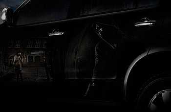 Catch the Reflection, black, windows, wheel, car, man, house, girl, reflection, fantasy, shine, hood, gun HD wallpaper