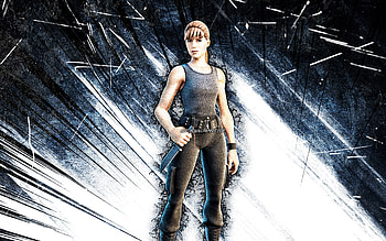 Sarah Connor, grunge art, Fortnite Battle Royale, Fortnite characters, blue abstract rays, Sarah Connor Skin, Fortnite, Sarah Connor Fortnite HD wallpaper