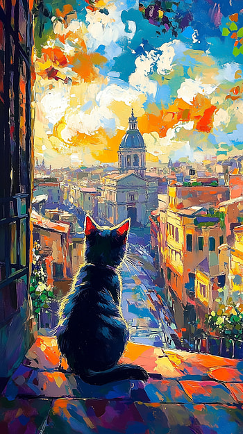Rooftop Reverie: Painted City Cat, artistic, cat, painting, cityscape HD phone wallpaper