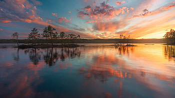 Sunset at Ringerike, Norway, reflections, lake, colors, clouds, trees, sky, water HD wallpaper