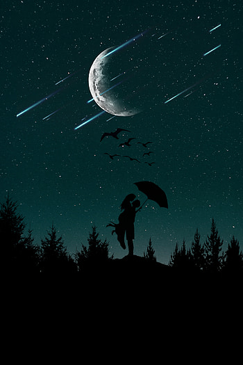 Trees, Night, Moon, Love, Couple, Pair, Silhouettes, Starry Sky, Umbrella HD phone wallpaper