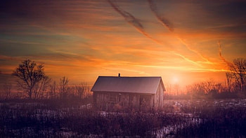 perfect sundown, nature, wildness, sun, house HD wallpaper