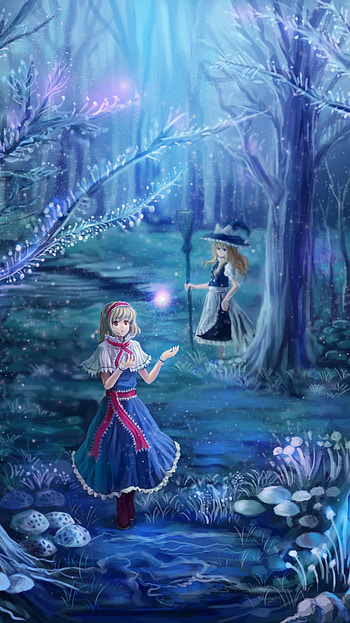 red eyes, short hair, forest, night, Marisa Kirisame, Anime, Touhou, anime night, anime forest HD phone wallpaper