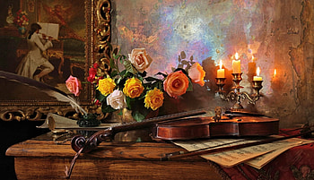 Still Life, Candle, Violin, Flower HD wallpaper