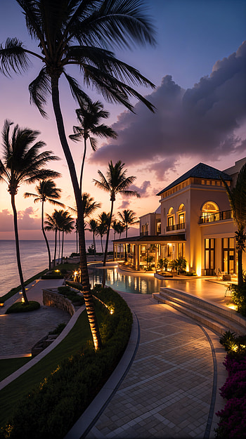 Resort Elegance: Stunning Evening , resort, palm tree, pool HD phone wallpaper