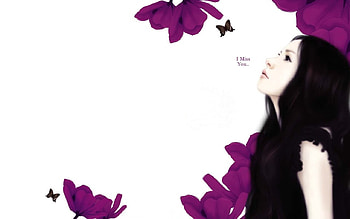 I Miss You, missing you, enakei, long hair, beauty, butterflies, abstract, purple flowers, butterfly, flower, lips, eyes, girl, beautiful, missing, woman, sad, purple, pretty, drawing, love, face, flowers, lovely, hair, dream HD wallpaper
