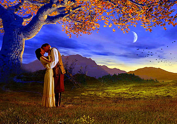 Gone with the wind - painting, hills, rhett butler, scarlett ohara, tree, old south, moon, movie, kiss, sky, evening HD wallpaper