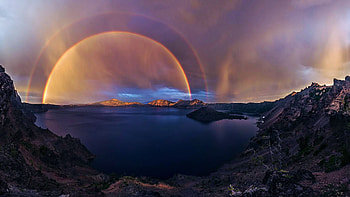 Double Rainbow at Crater Lake National Park, Southern Oregon, landscape, clouds, sky, usa HD wallpaper
