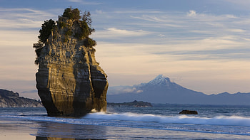 Sea Stack and Mount Taranaki,New Zealand, waves, nature, mountains, water, rocks, beach HD wallpaper