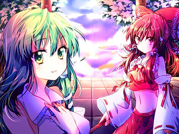 Kochiya Sanae & Reimu Hakurei, kimono, reimu hakurei, kochiya sanae, ribbon, flowers, bow HD wallpaper