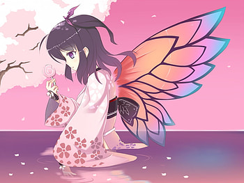 Butterfly, wings, kimono, ptals, girl, long hair, anime, cherry blossom, trees HD wallpaper