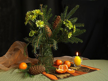 autumn still life 4, art , still life, pine, candle, vase, flowers, fruits, nice HD wallpaper