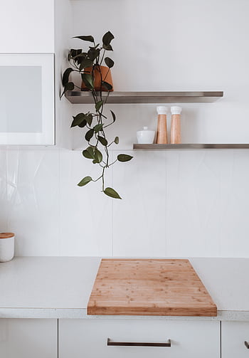Elegant minimalist kitchen with wooden elements and indoor plant decor. HD phone wallpaper