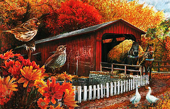 The Old Covered Bridge, ducks, birds, leaves, horse, painting, autumn, trees, colors HD wallpaper