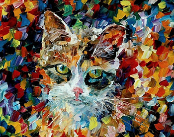 Cat, blue, animal, art, orange, painting, pictura, red, autumn, leaf HD wallpaper
