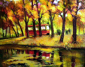 Schepalyn A. trams in autumn, painting, art, schepalyn a, autumn, tree HD wallpaper