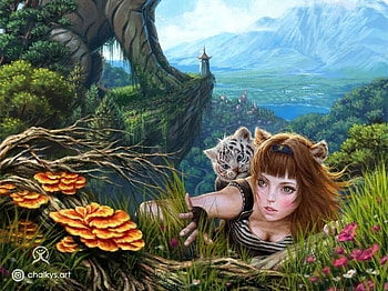 Kings Peak, chalky nan, art, tiger, cub, fantasy, cute, luminos, girl, tigru HD wallpaper