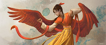 Angel, wings, dancer, art, girl, hand fan, al fili, fantasy, yellow, red, alena filimonova, evantai, luminos HD wallpaper