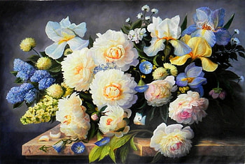 Flowers, blue, still life, pink, bujori, art, flower, peony, zbigniew kopania HD wallpaper