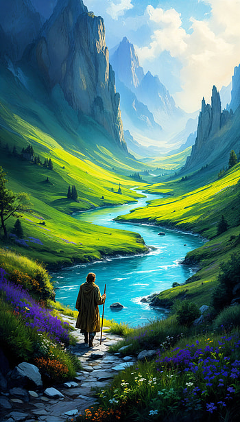 Tranquil Middle Earth: A Stunning , landscape, mountain, river HD phone wallpaper