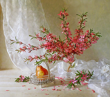 still life, bouquet, gentle, graphy, spring, beauty, nice, glass, fruit, , elegantly, beautiful, pear, pink, pretty, branches, cool, lovely, harmony HD wallpaper