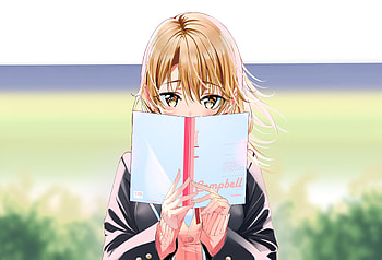 Cute, anime girl, face behind book, original, art HD wallpaper