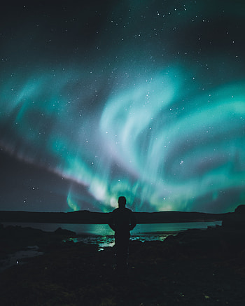 Shore, Bank, Dark, Starry Sky, Human, Person, Northern Lights, Aurora Borealis HD phone wallpaper