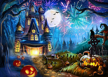 Halloween Castle, halloween, pumpkins, colorful, moon, castle HD wallpaper