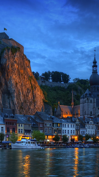 Belgium wallonia church, Reflection town light HD phone wallpaper