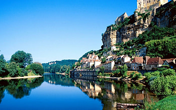beautiful countryside, blue, river, trees, houses, water, countryside HD wallpaper