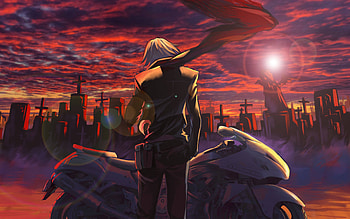 Man Standing Side Of The Bike Buildings Sunset, anime, artwork, sunset, artist, digital-art HD wallpaper