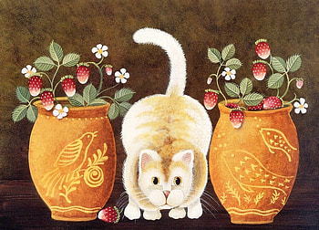 Oh Oh....They See Me!, kitty, art, strawberries, cat, pots HD wallpaper