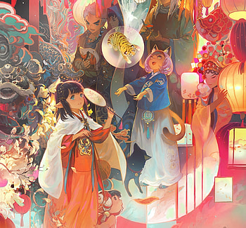 Year of the Tiger, tigru, chinese, wenjun lin, tiger, girl, hand fan, anime, fantasy, zodiac, lantern, evantai HD wallpaper