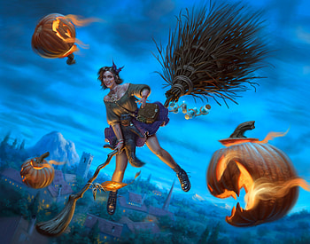 Halloween Witch, sam perin, witch, blue, frumusete, up, samperin, girl, orange, halloween, fantasy, pumpkin, sky, luminos HD wallpaper