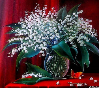 ✿⊱•╮Lilies of the Valley╭•⊰✿, curtains, white, vase, paintings, lovely still life, love four seasons, draw and paint, nature, flowers HD wallpaper