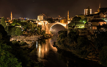 Mostar, Old Bridge, Neretva river, stone bridge, Mostar landmark, Mostar cityscape, night, Bosnia and Herzegovina HD wallpaper