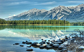 Mountain river, Rocks, Clouds, Winter, Trees, Panorama, Lake HD wallpaper