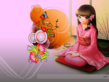 Anima, butterflies, kimono, anime, flower, other, eyes, girl HD wallpaper