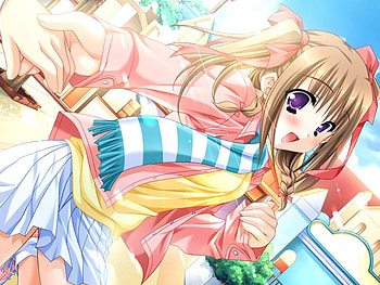 Makina Tomoe, blue, nursery rhyme, winter, white, anime girl, purple, pink, yellow, happiness HD wallpaper