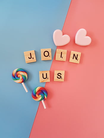 Bright 'Join Us' call-to-action with colorful lollipops and hearts on a pastel background. HD phone wallpaper