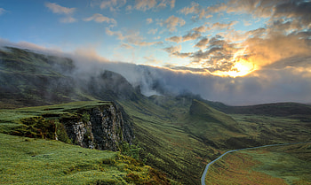 Misty Mountain Valley At Golden Sunrise, mountain, valley, golden, sunrise, clouds, road, sunset, nature HD wallpaper