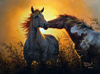 Sunset kiss, animal, horse, art, abraham hunter, cal, painting, pictura, couple, kiss, sunset HD wallpaper