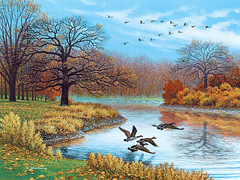 Wings in the Mist, river, painting, autumn, trees, water, geese HD wallpaper
